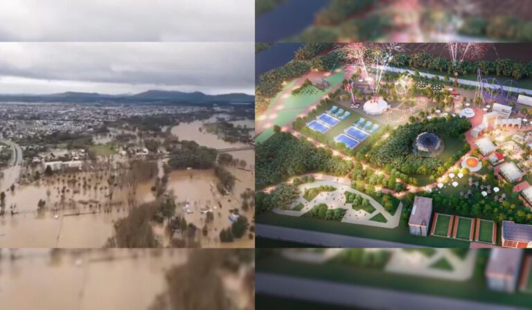 Ribera del río Claro inundada tras temporales del invierno en 2023. // Diseño proyecto Casino Dreams en Talca.