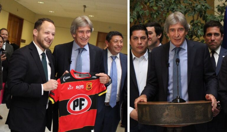 Homenaje a Manuel Pellegrini: Diputado Guzmán le regaló camiseta de Rangers de Talca