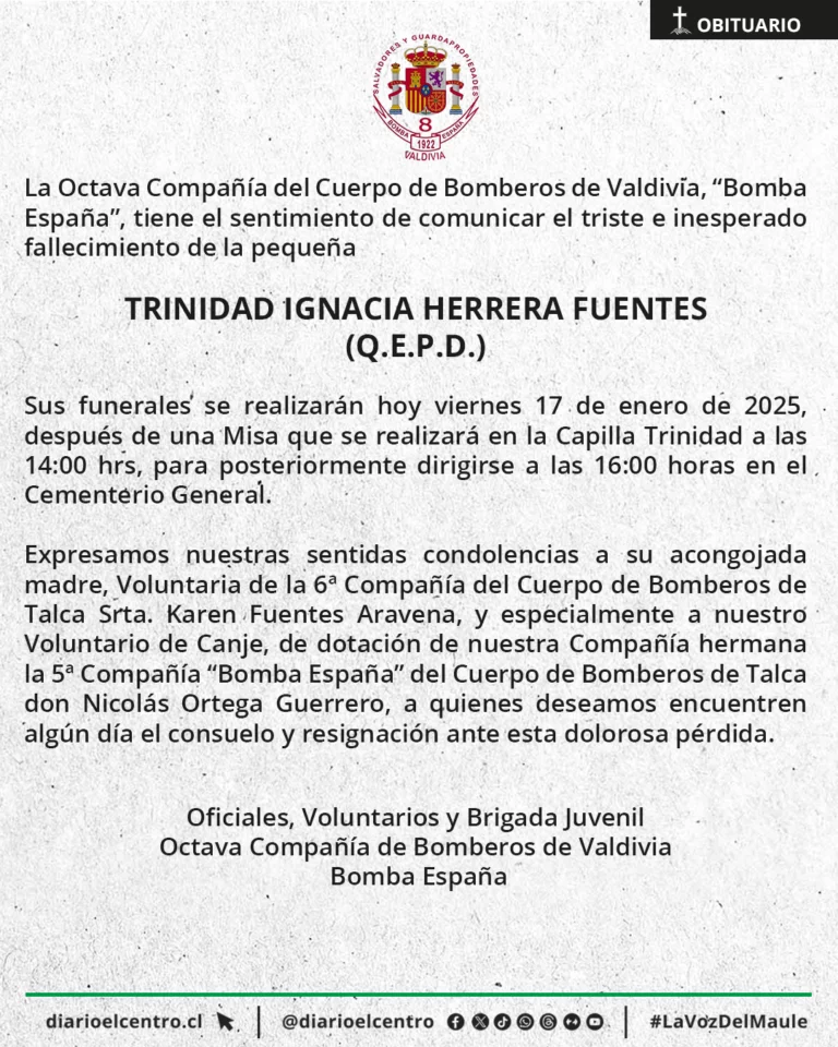 Se comunica el fallecimiento de Trinidad Ignacia Herrera Fuentes (Q.E.P.D.)